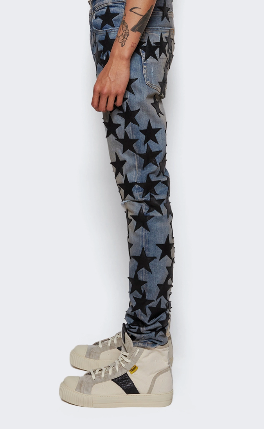Amiri Chemist Leather Stars Jean Clay Indigo